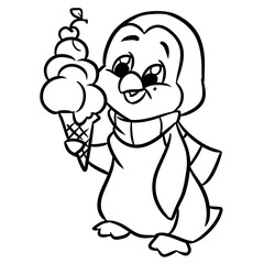 Animal penguin little surprise scarf character cartoon illustration ice cream cone waffle cup coloring page