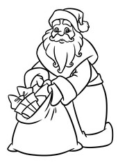 Santa Claus winter outfit wizard new year giving gifts bag character cartoon illustration coloring page