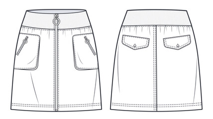  Mini Skirt technical fashion illustration. Denim Skirt fashion flat sketch template, knee mini lengths silhouette, pockets, elastic waistband, front, back, white, CAD mockup.