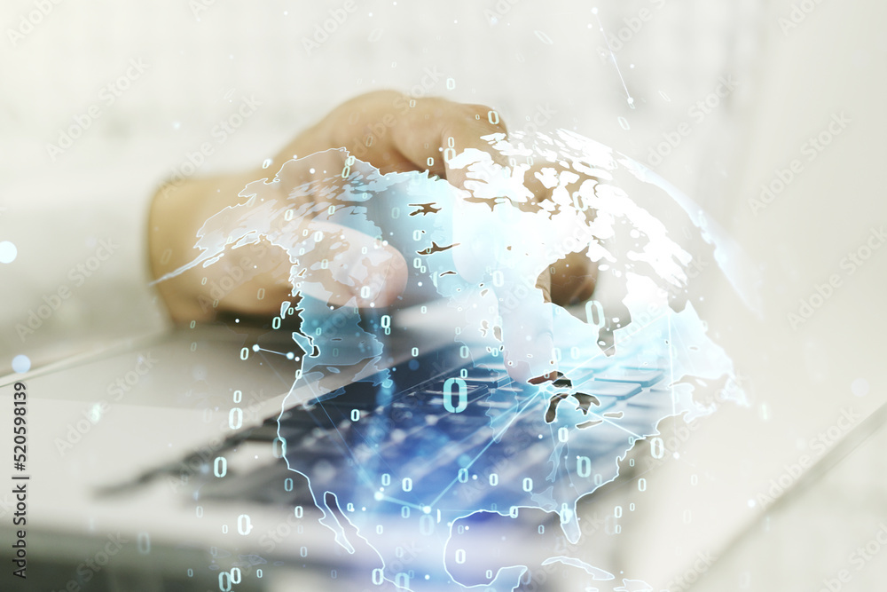 Aufkleber Multi exposure of abstract graphic coding sketch with world map and hands typing on computer keyboard on background, big data and networking concept