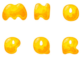 Honey sweet font. Liquid honey cartoon alphabet, Yellow honeycomb vector font.