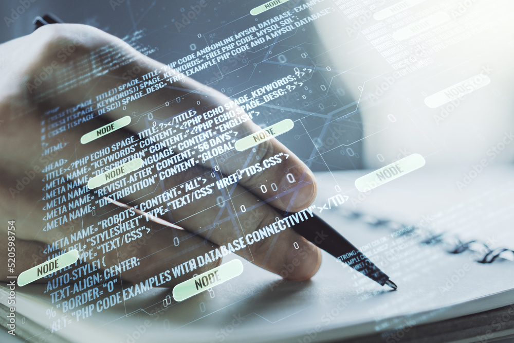 Poster double exposure of abstract programming language with man hand writing in notebook on background, re