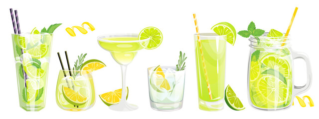 A set of cocktails with lime.Refreshing drinks, Caipirinha, gin and tonic, classic mojito, margarita, lime juice, lemonade in a jar. Vector illustration. - obrazy, fototapety, plakaty