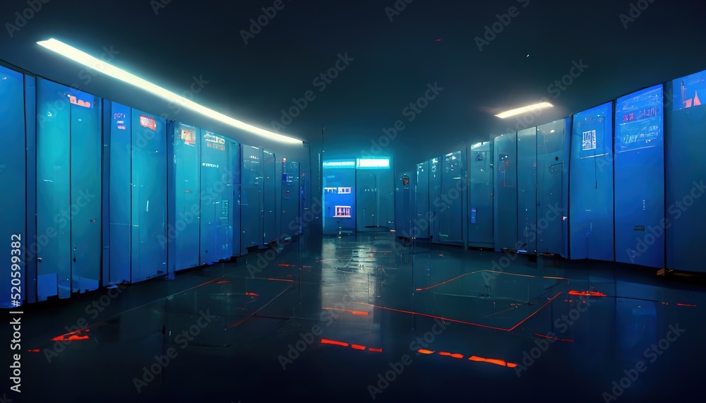 Aufkleber Server room in a data center full of telecommunications equipment, big data storage concepts and cloud hosting technologies in blue color