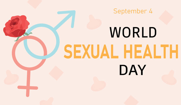 World Sexual Health Day. Connected Male Female gender sex symbol with rose banner background template.