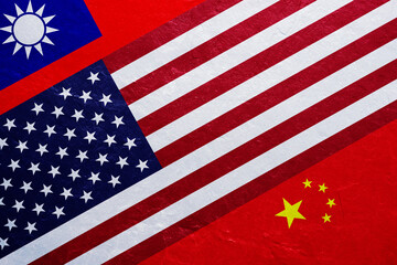 Flag of USA, Taiwan and China on the concrete wall