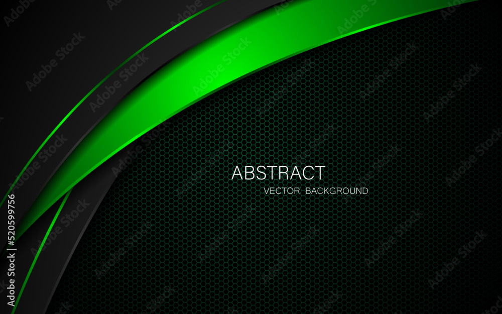Poster abstract black and green curves on dark steel mesh background with free space for design. modern tec
