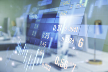 Multi exposure of abstract financial graph on laptop background, financial and trading concept