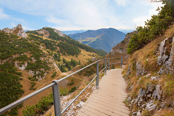 Fototapeta na wymiar hiking route at Wendelstein mountain, round trail, autumnal landscape bavarian alps