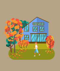 A cute house among autumn bright trees. Beautiful vector illustration. - 520599968