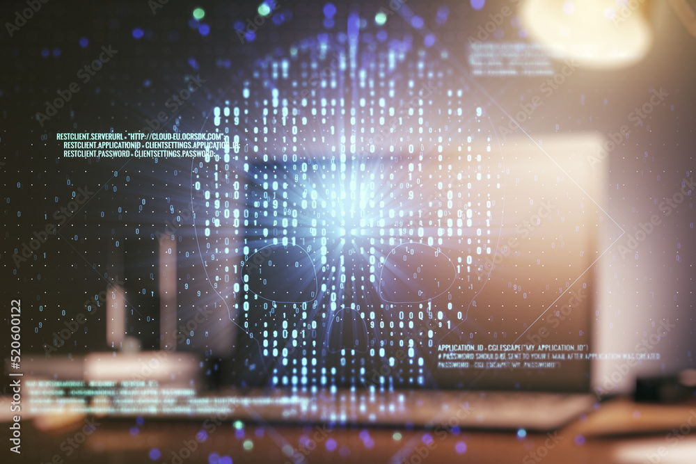 Poster creative concept of code skull illustration on modern laptop background. hacking and phishing concep