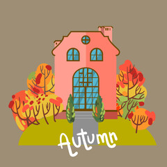 A cute house among autumn bright trees. Beautiful vector illustration. - 520600110