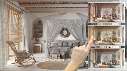 Architect designer concept, hand showing boho bedroom with canopy bed, colors in different options, interior design project draft, color picker, material sample - obrazy, fototapety, plakaty