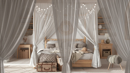 Fototapeta na wymiar White openings curtains overlay bohemian wooden bedroom with canopy bed in boho style, clipping path, vertical folds, soft tulle textile texture, stage concept with copy space