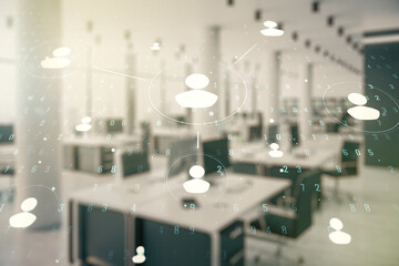 Abstract virtual social network hologram on a modern furnished classroom background. Double exposure