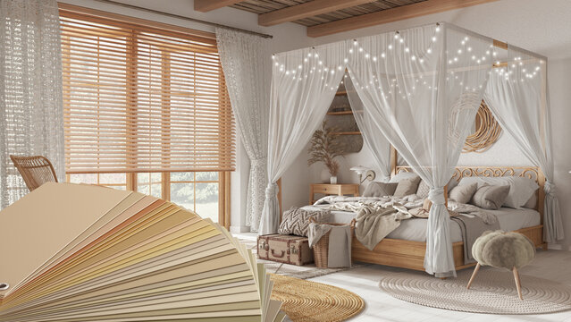 Color palette close up sample. Paint selection catalog over interior design scene, bohemian wooden bedroom in boho style. Canopy bed and wooden rattan furniture