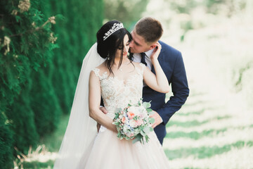 Stylish couple of happy newlyweds walking in the park on their wedding day with bouquet
