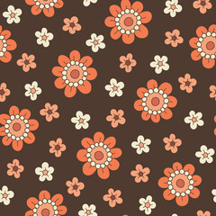 Colorful Medium Scale Hand-Drawn Floral Vector Seamless Pattern. Retro 70s Style Nostalgic Daisies. Fashion Textile Bold Background. Summer Resort Print. Flower Power