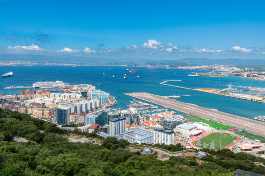 View from the Rock of Gibraltar and the airport, Gibraltar, British Overseas Territory