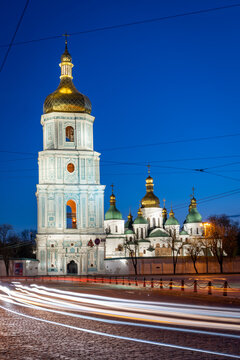 St. Sophia Cathedral and Sophia Square during blue hour in Kyiv (Kiev), Ukraine
