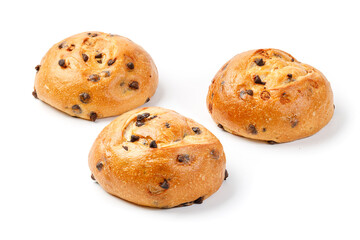 Three sweet buns with chocolate chunks super soft isolated