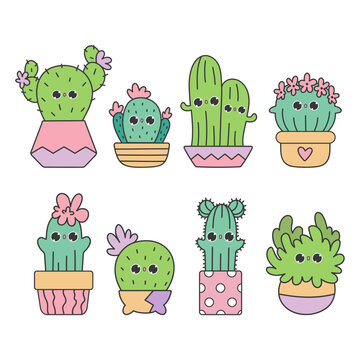 Cute vector  set of kawaii doodles cactus in pots. Baby cacti kids illustration in cartoon style. Succulents gardening homeplants. Isolated on white