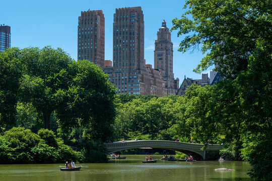 The Majestic Apartments Building on Central Park West, above Central Park Lake and Bow Bridge, Manhattan, New York, United States of America