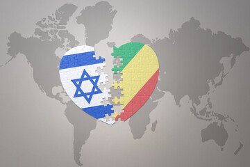 puzzle heart with the national flag of republic of the congo and israel on a world map background.Concept.