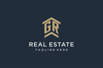 Initial GR logo for real estate with simple and creative house roof icon logo design ideas - obrazy, fototapety, plakaty