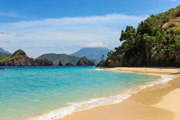 Lovely Mahoro Island beach with Masare and Karangetang volcano beyond, Mahoro, Siau, Sangihe Archipelago, North Sulawesi, Indonesia