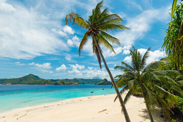 Mahoro Island white sand beach with Masare and Pahepa Islands beyond, Mahoro, Siau, Sangihe Archipelago, North Sulawesi, Indonesia