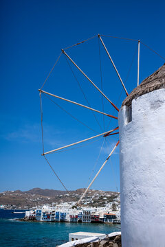 Traditional 16th century windmill and waterfront houses in Venitia (Little Venice) in Mykonos Old Town, Mykonos, The Cyclades, Aegean Sea, Greek Islands, Greece