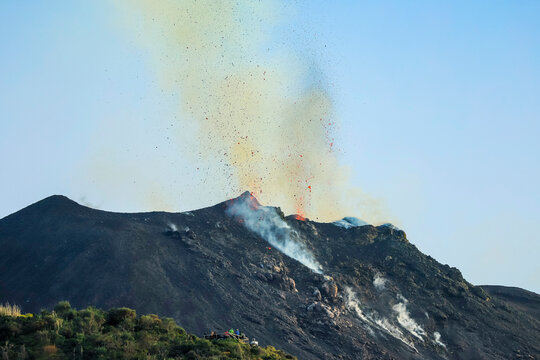 Lava bombs erupt from multiple vents on volcano, active for at least 2000 years, Stromboli, Aeolian Islands, UNESCO World Heritage Site, Sicily, Italy