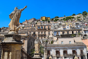 Ancient city of Modica from viewpoint of the cathedral with skyline in background