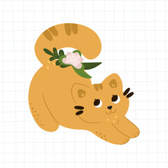 Cute cat dreams in flowers. Isolated concept of pet food icon on checkered background. Flat cartoon style for baby shower, baby store, books