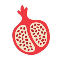 Fresh pomegranate doodle icon, hand drawn vector illustration of half of pomegranate with seeds, isolated colored clipart on white background, healthy organic food, colored exotic fresh fruit