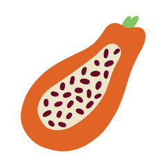 Hand drawn papaya doodle icon, vector illustration of fresh papaya fruit with seeds, isolated colored clipart on white background, healthy organic food, colored exotic fresh fruit