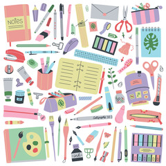 Modern stationary colored items set, various brush and calligraphy pens, notebooks and sketchbooks, doodle supplies collection, isolated colored objects on white background, vector illustrations