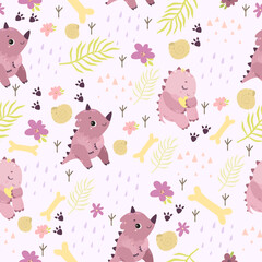 Vector seamless kids pattern with dinosaurs. Cute background with palm leaves and cute dino.