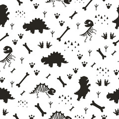 Vector seamless kids pattern with dinosaurs. Cute background with dino. Minimalistic pattern for kids. Skeletons and bones of dinosaurs