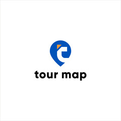 tour map logo , pin and letter t logotype vector