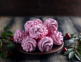 Obraz na płótnie Canvas Cherry pink zephyr summer dessert a rustic style