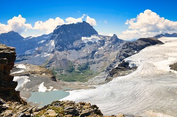 Large glacier panorama. View of the Claridenfirn and Piz Russein in the background. High alpine in the Swiss mountains
