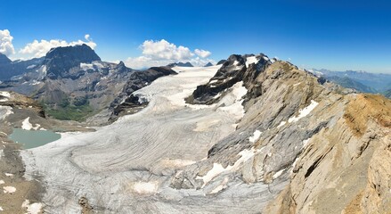Large glacier panorama. View of the Claridenfirn and Piz Russein in the background. High alpine in the Swiss mountains
