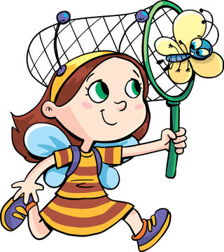 girl in a bee costume catches a butterfly with a net