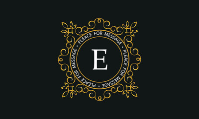 Luxury background of golden color and letter E. Template for design elements of ornament, label, logotype