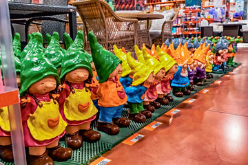 Garden gnomes on sale in a gardening and repair shop