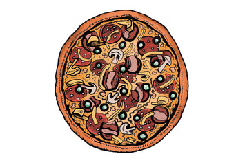 Vector color cartoon illustration of pizza on white background, fast food,take away food.Element for banners,menu of pizzeria 