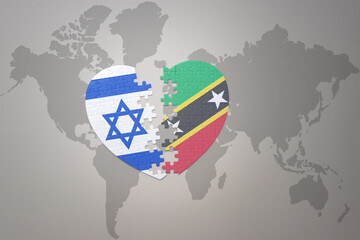 puzzle heart with the national flag of saint kitts and nevis and israel on a world map background.Concept.