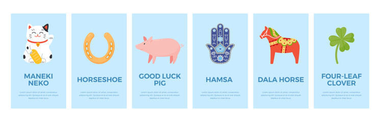 Good fortune talismans posters set, flat vector illustration.